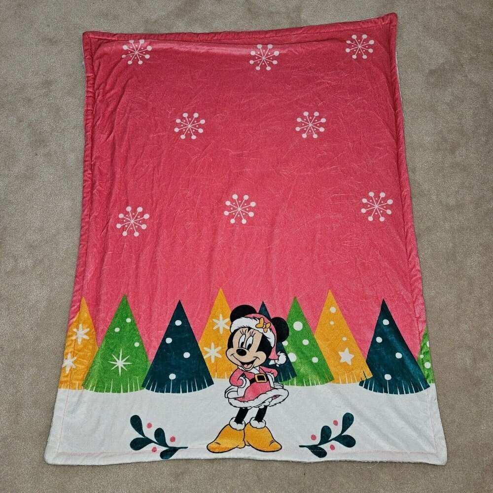 Minnie Mouse Disney Baby Pink White Fleece Baby Blanket Christmas Trees Snow